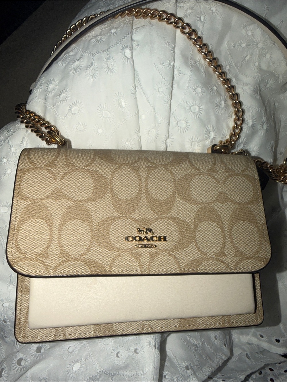 Coach Khaki Signature Canvas and Chalk Leather Crossbody with Gold Chain